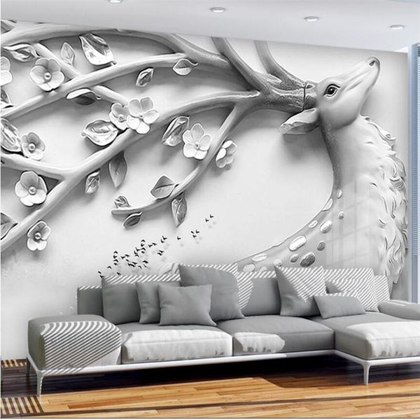 

wallpapers diantu three-dimensional relief elk personality european tv background wall custom large mural green silk cloth wallpaper