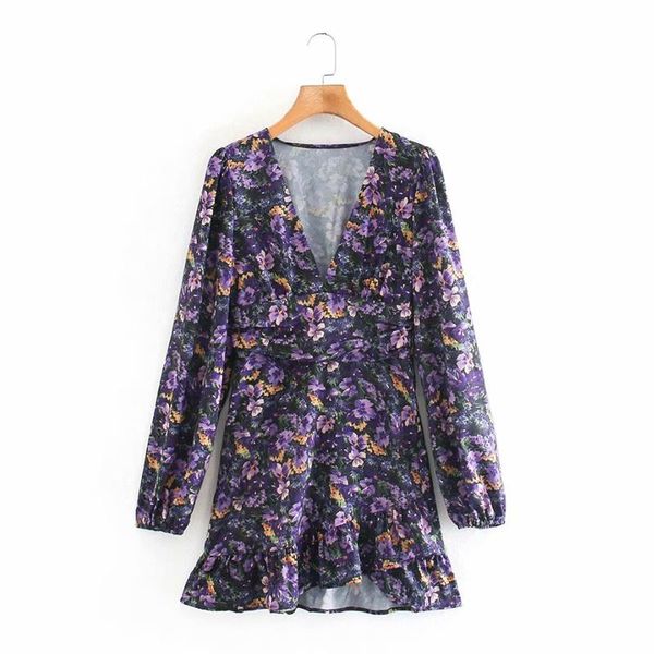 

casual dresses 2021 women ethnic v neck short sleeve flower print purple mini dress female pleated ruffles vestidos chic, Black;gray