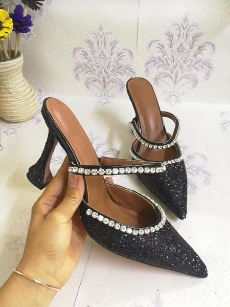 

slippers bling sequined cloth women slipper high thin heel pointed toe shoes glitter crystal embellished chaussures femmes, Black