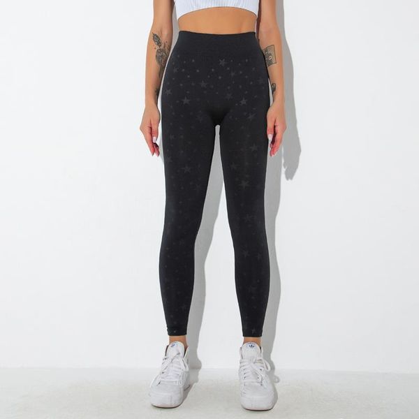

women's leggings seamless yoga print sports legging breathable trainer running trousers high waist push up exercise activewear, Black