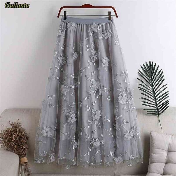 

guilantu spring autumn embroidery floral tulle skirt women clothes fashion elastic high waist mesh pink balck long skirts female 210621, Black
