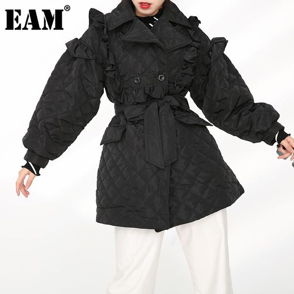 

[eam] black ruffles bandage cotton-padded coat long sleeve loose fit women parkas fashion tide autumn winter 2021 1dd216101 women's dow