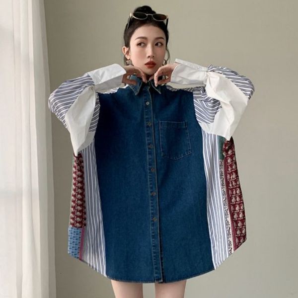 

casual dresses [ewq] autumn female loose vintage turn down collar single breasted panelled print long sleeve straight shirt dress 8y047 zoi4, Black;gray