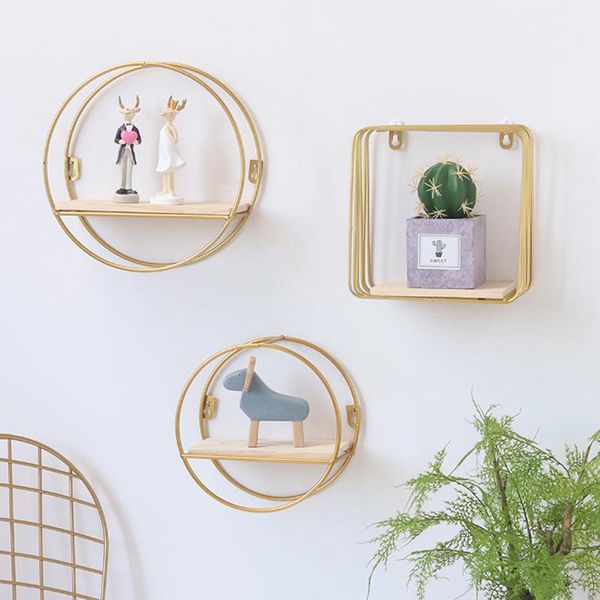 

creative gold round square wall wrought iron shelf home storage rack living room background decoration organizer,1pc other decor