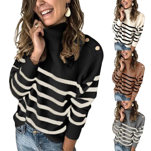 

women's sweaters autumn and winter fashion women striped knit decorative buttons sweater loose long sleeve high collar button pullover, White;black