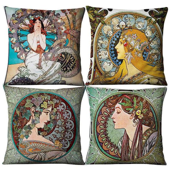 

cushion/decorative pillow classical mucha gallery beauty linen decorative throw green pillows case set decor home cartoon cushion covers for