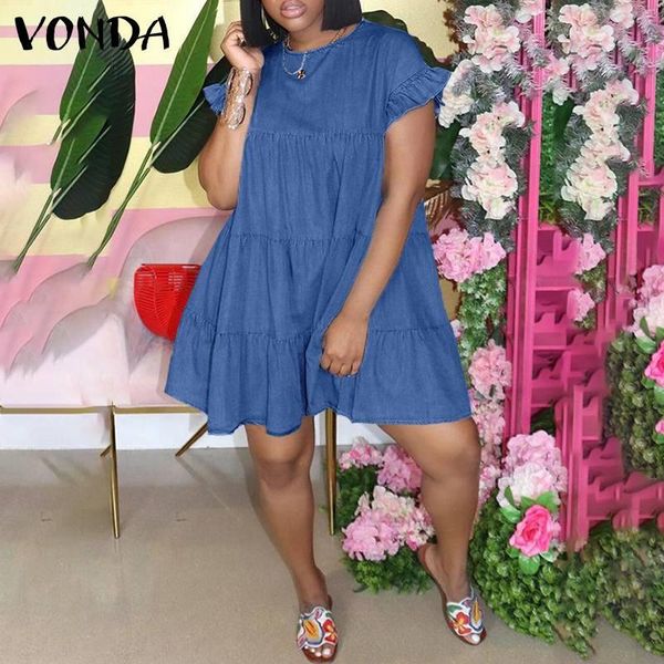 

party dresses women denim dress casual short sleeve 2021 vonda summer sundress bohemian beach vestidos, White;black
