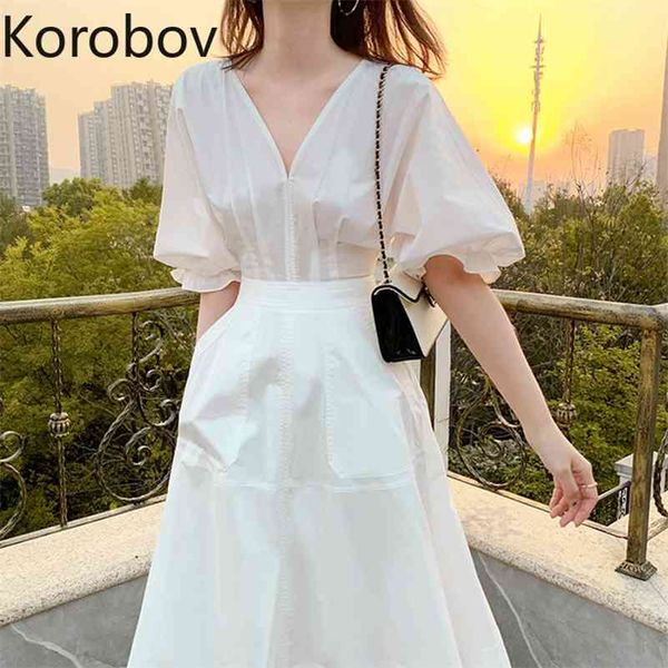 

korobov new summer v neck puff sleeve white dress korean chic elegant mid dresses female high waist vestidos mujer 210430, Black;gray