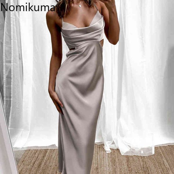 

nomikuma spring summer satin strap dress hollow-out backless dresses slash neck slim waist basic vestidos femme 6g891 210427, Black;gray