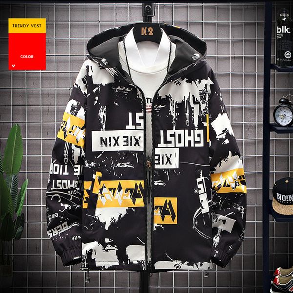 

man printing teenager jackets fashion hip hop zipper pullover windbreaker coats designer male autumn loose thin hooded streetwear outerwear, Black;brown