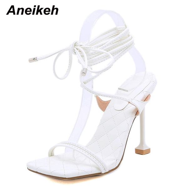 

sandals aneikeh nightclub narrow band sewing checkered summer shoes for women striptease high heels lace-up sandalias mujer 2021, Black