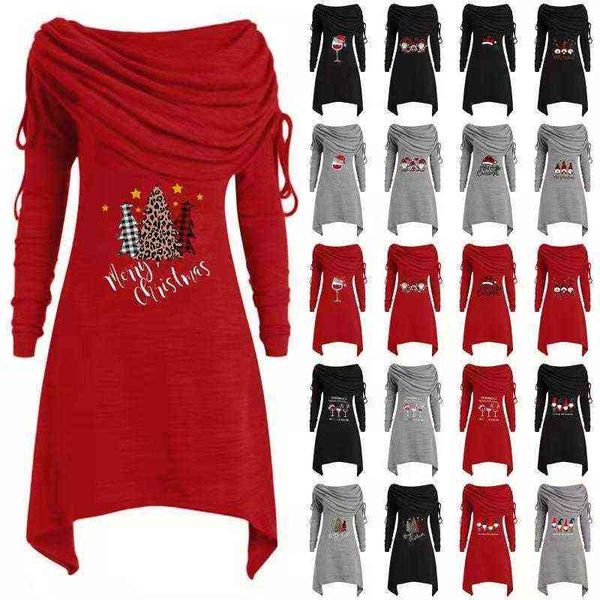 

casual dresses 2022 women's long sleeve christmas print pleated collar irregular medium length, Black;gray