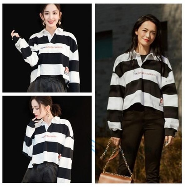 

tee 2021 autumn women's polo turn-down collar long black and white striped open hollow out back full sleeve t-shirt a2