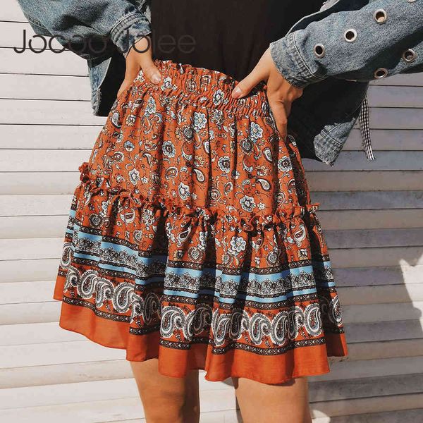 

fashion summer bohemian indie folk skirt vintage elastic waist floral print ruffles short skirts casual beach holiday wear 210428, Black
