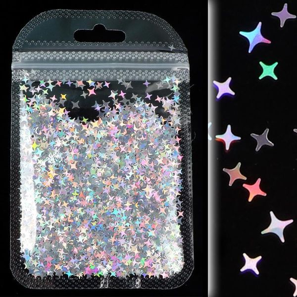 

nail glitter 2g/bag holographic four-pointed star manicure sequin,12 colors 4.5mm+2.5mm irregular spangles/flake for design accessories, Silver;gold
