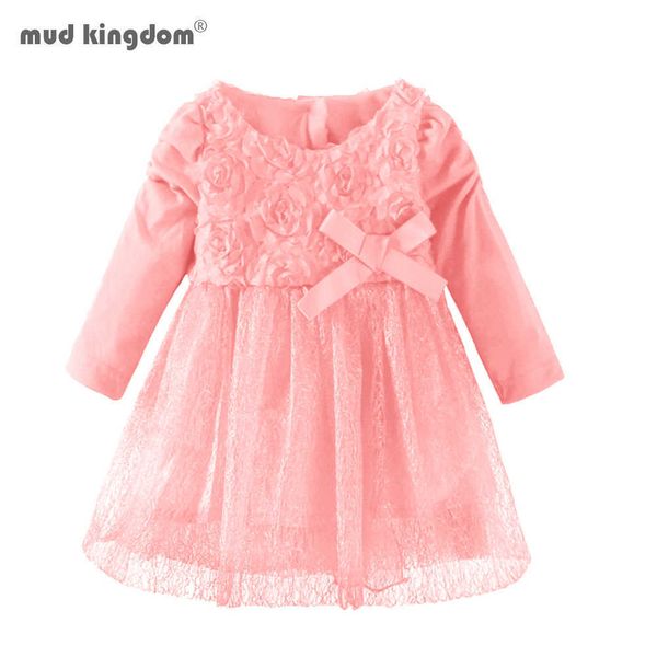 Mudkingdom criança meninas vestidos flor lace manga comprida vestido de batismo para bebê 210615