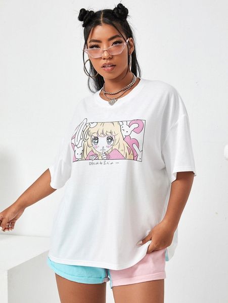 

plus drop shoulder japanese letter & figure graphic tee x43k#, Black