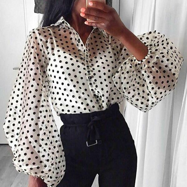 

women's blouses & shirts women polka dot retro blouse lady early autumn modern mesh shirt see-through loose button puff sleeve high st, White