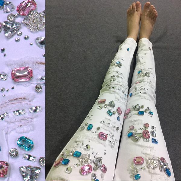

women's jeans rhinestones hole women casual diamond skinny pencil jean pants white cotton stretch, Blue