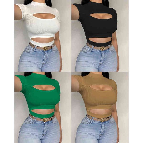 

women's t-shirt 2021 summer new pit bar solid color hollow short sleeve, White