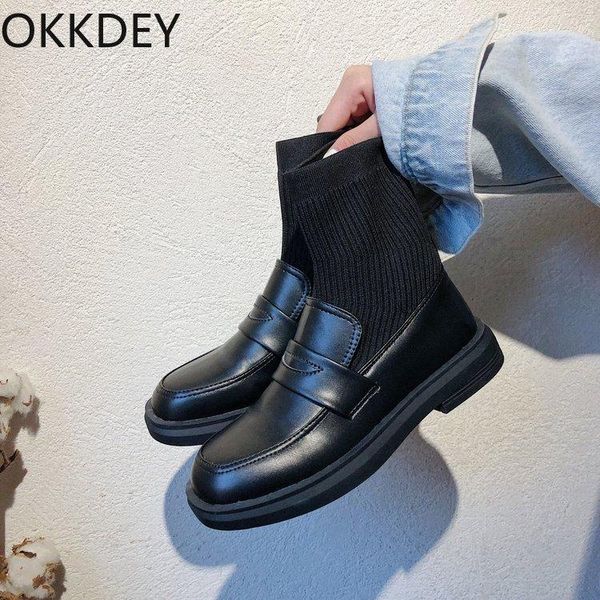 

boots socks female british wind student korean version of fashion 2021 autumn small leather shoes flat net red elastic, Black