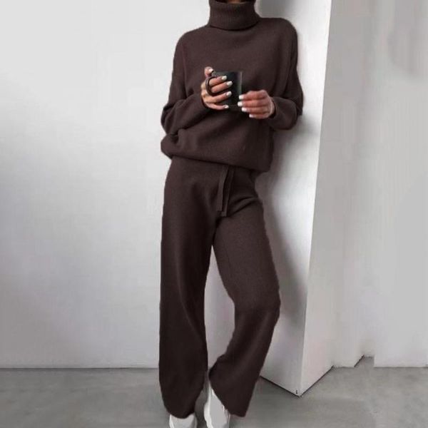 

women's two piece pants 1 set sweater turtleneck drawstring women solid color long sleeve pullover for yoga, White