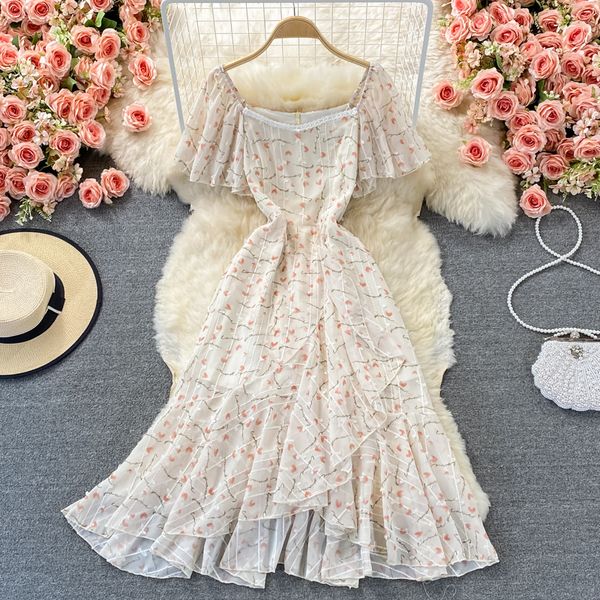 

summer vintage irregular ruffle printed party dress women square collar flare short sleeve high waist big swing vestidos, Black;gray