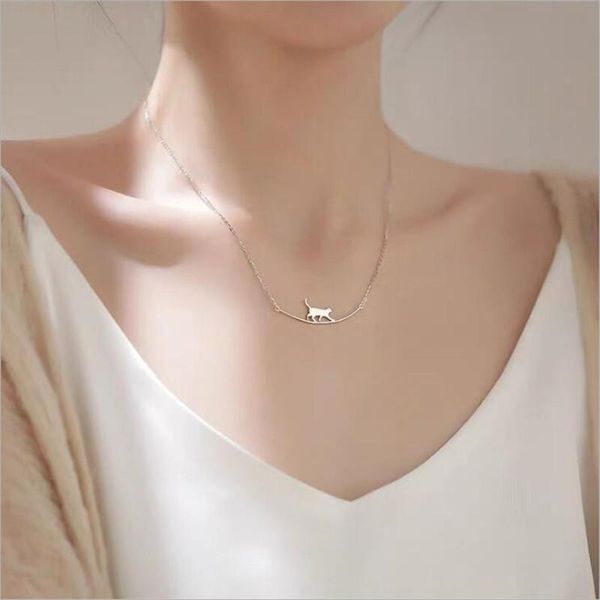 

pendant necklaces cat clavicle chain arc simple cute animal necklace light luxury personality niche climbing, Silver