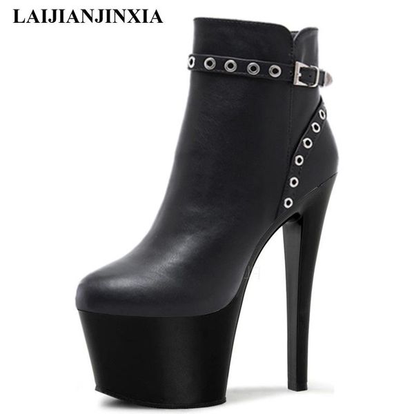 

boots laijianjinxia 17 cm super high heels stiletto women's waterproof platform fashion round toe ankle dance shoes, Black