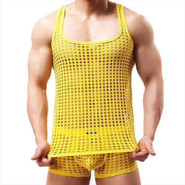 

men mesh sheer fishnet tank boxers hollow gym training tanks male muscle slim fit tee vest 1set, White;black