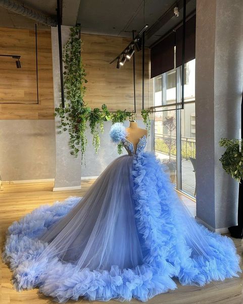 Mavi Prenses Quinceanera Elbise V Boyun Glitter Sequins Boncuk Çiçekler Parti Tatlı 16 Kıyafeti Vestidos De 15 Años