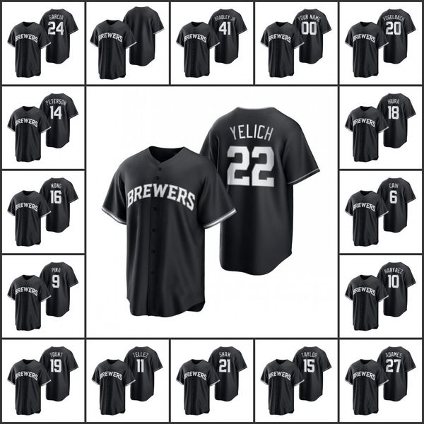 

milwaukeebrewers baseball jersey #6 lorenzo cain 22 christian yelich 19 robin yount custom black white all black fashion