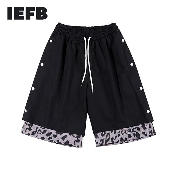 

iefb trendy hip hop streetwear men's sports shorts leopard pattern stitching fake two-piece double breasted casual shorts 9y7284 210524, White;black