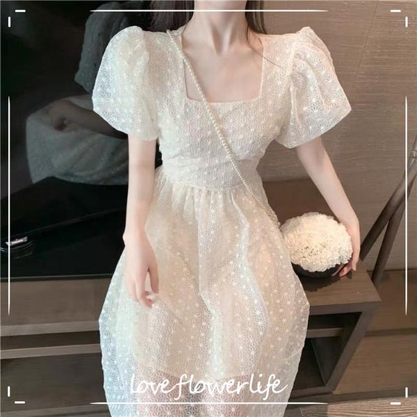 

puff sleeve elegant fairy dress women square collar dot bandage dress evening party dress korean kawaii summer 210521, Black;gray