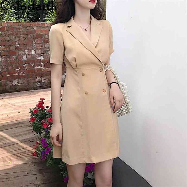 

women spring summer dress casual vintage notched high waist double breasted fashionable pleated dr1261 210427, White;black