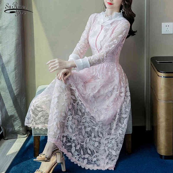 

spring lace dress long sleeve up vintage midi high waist a line floral women clothing robe femme 13425 210508, Black;gray