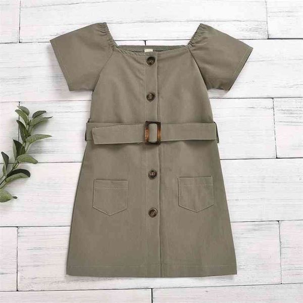 

summer girls clothes school style button children's pure color open buckle belt cotton short sleeve dress 210528, Red;yellow