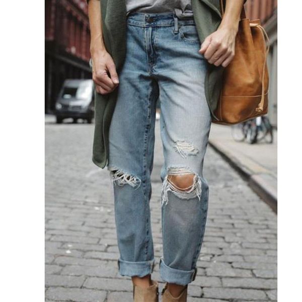 

ladies denim trousers ripped loose women women's fashion jeans, Blue