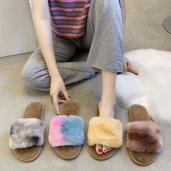 

colorful faux fur winter slippers fashion warm women shoes woman slip on flat female slides plus size, Black