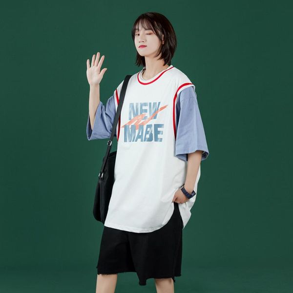 

women's t-shirt henchiry summer fashion short sleeve simple fake two casual men's neutral style half basketball loose, White