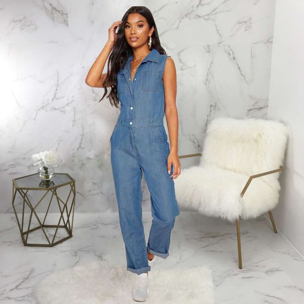 

fall 2020 fashion sleeveless jeans women's slim jumpsuit, Black