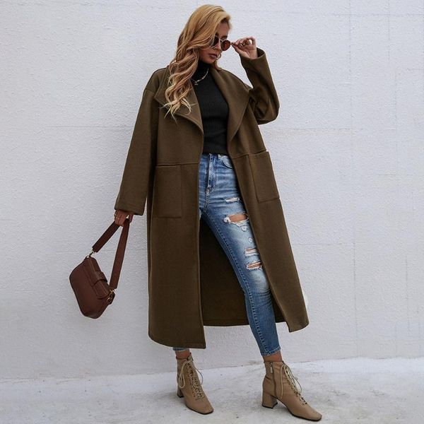 

women's wool & blends 2021 autumn winter fashion women overcoat solid color casual temperament lapel long warm sleeve woolen coat, Black