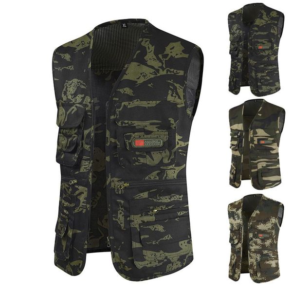 

men's fashion vest v-neck sleeveless pocket camouflage large size xl-4xl casual breathable male washable jacket, Black;brown