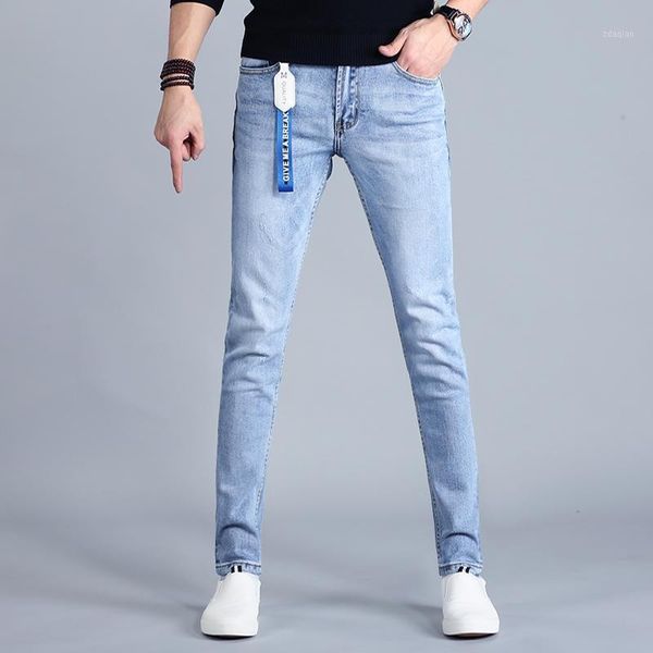 

style light blue korean jeans men cotton denim slim fit pencil pants men's