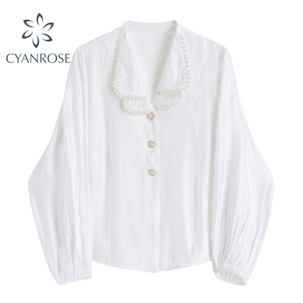 

french vintage satin blouses double-layer pearl spliced cardigan elegant shirts female long sleeve loose office ladies 210430, White