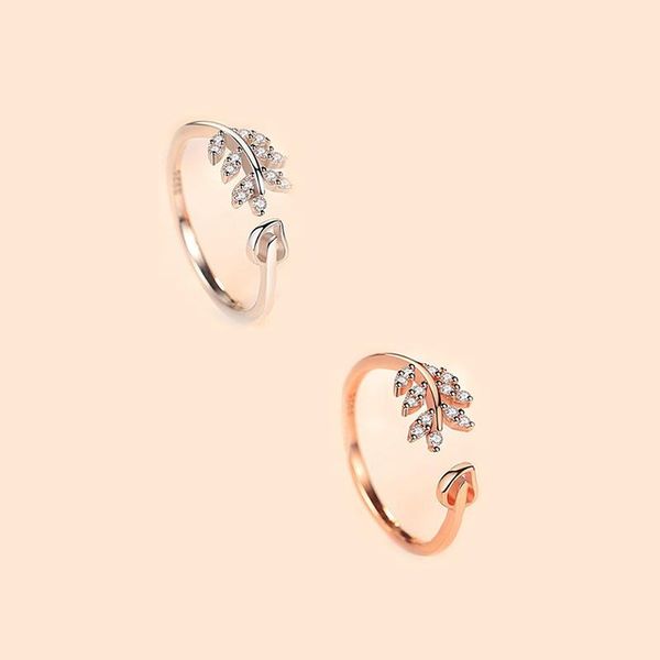 

cluster rings 925 sterling silver/rose gold color branches leaves micro inlaid with zircon for women adjustable twig crystal open ring, Golden;silver