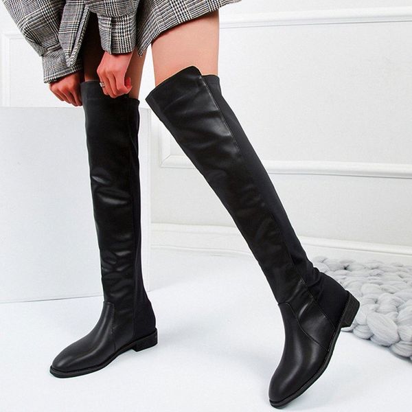 

over the knee boots black long boots female Women's Fashion Patch Leather Flock Slip On Warm Lining Med Heels Kneeth Boots#g3 Z9m3#