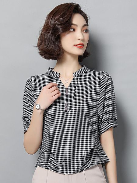

men's casual shirts checker shirt short sleeve summer 2021 style loose foreign chiffon blouse, White;black