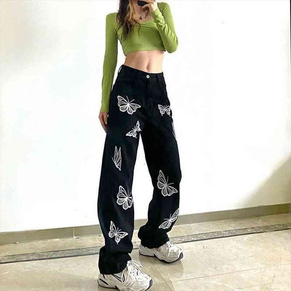 

y2k butterfly print black women jeans pants vintage streetwear oversize low waist wide leg trousers loose e girl cowboy, Blue