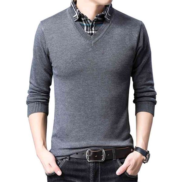 

browon sweater mens knitwear autumn fashion slim s fake two-piece turn-down shirt collar clothes plus size -xxxl 210918, White;black